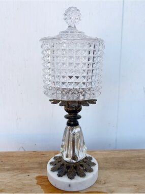 Vintage Candy Dish Brass Marble Base Compote Trinket Lid Hollywood Regency 12.5”